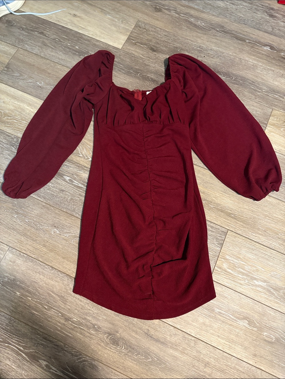 She + Sky Burgundy Ruched Puff Sleeve Mini Dress